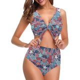 Hand drawn colorful starfish Chest Bowknot High Waisted Bikini Swimsuit