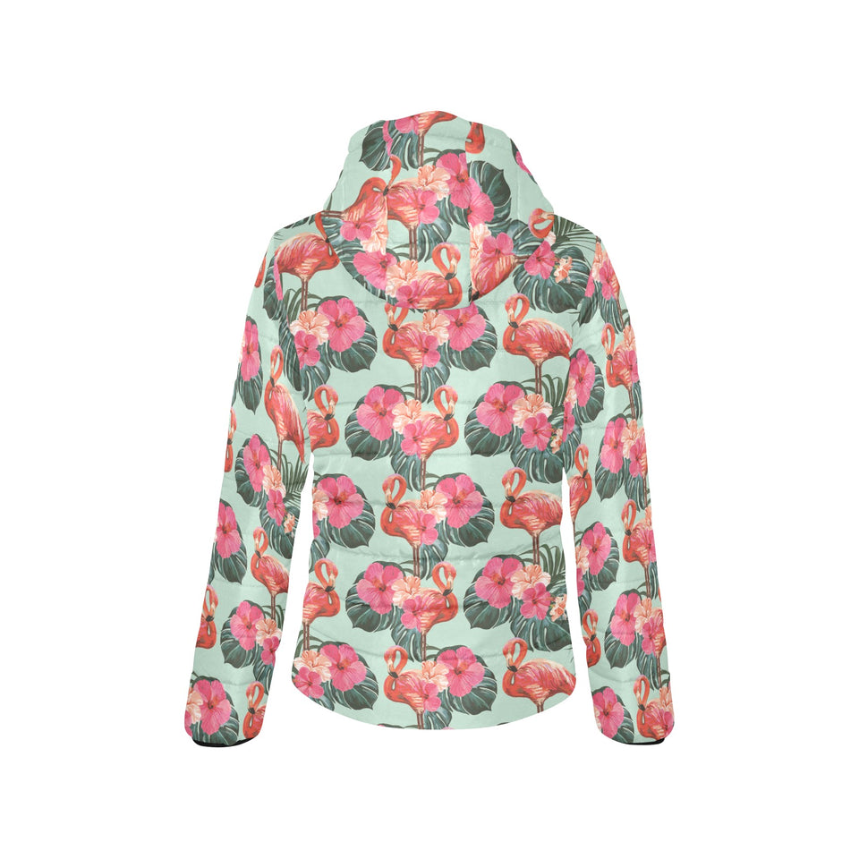 Beautiful flamingo tropical palm leaves hibiscus p Women's Padded Hooded Jacket
