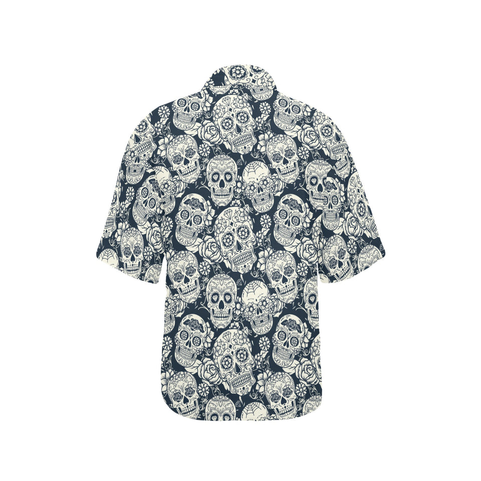 Sugar skull black white pattern Women's All Over Print Hawaiian Shirt