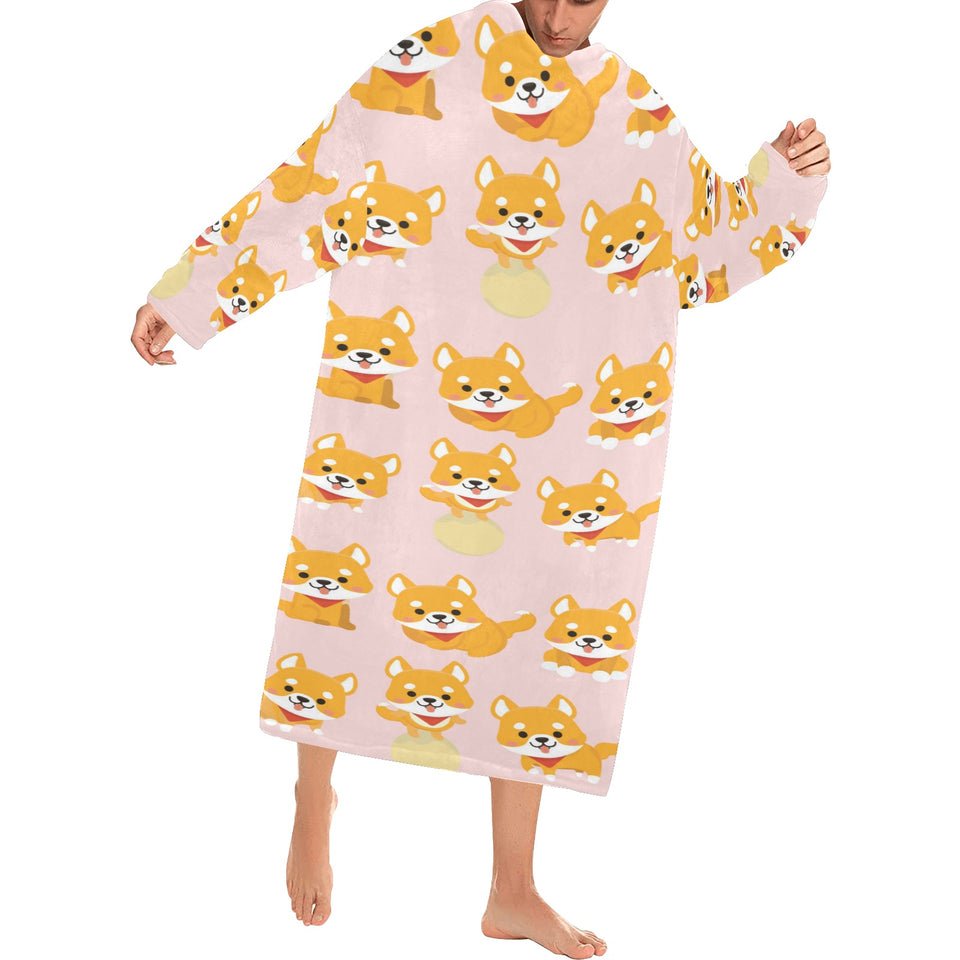 Cute shiba inu dog pattern Blanket Robe with Sleeves