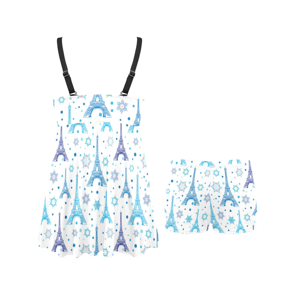 Blue Eiffel Tower Theme Pattern Print Design 01 Chest Sexy Pleated Two Piece Swim Dress