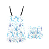 Blue Eiffel Tower Theme Pattern Print Design 01 Chest Sexy Pleated Two Piece Swim Dress