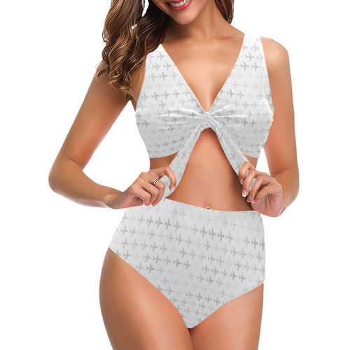 Airplane print pattern Chest Bowknot High Waisted Bikini Swimsuit