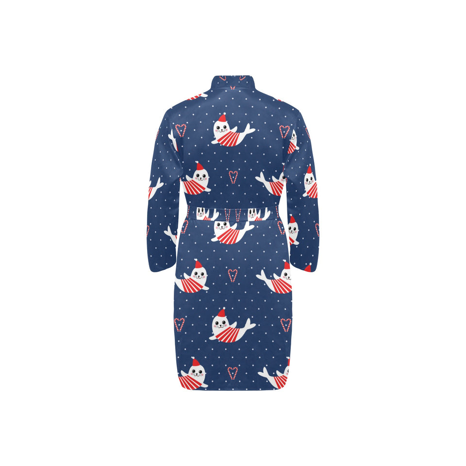Cute sea lion seal christmas hat candy cane heart Men's Long Sleeve Belted Night Robe