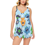 Alien Pattern Print Design 04 Chest Sexy Pleated Two Piece Swim Dress