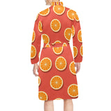 Oranges pattern red background Men's Long Sleeve Belted Night Robe