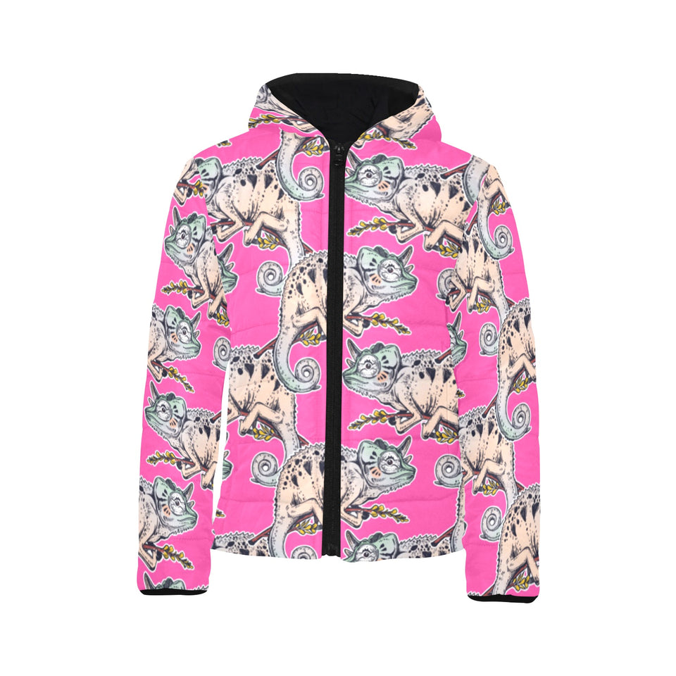 Chameleon lizard pattern pink background Kids' Boys' Girls' Padded Hooded Jacket