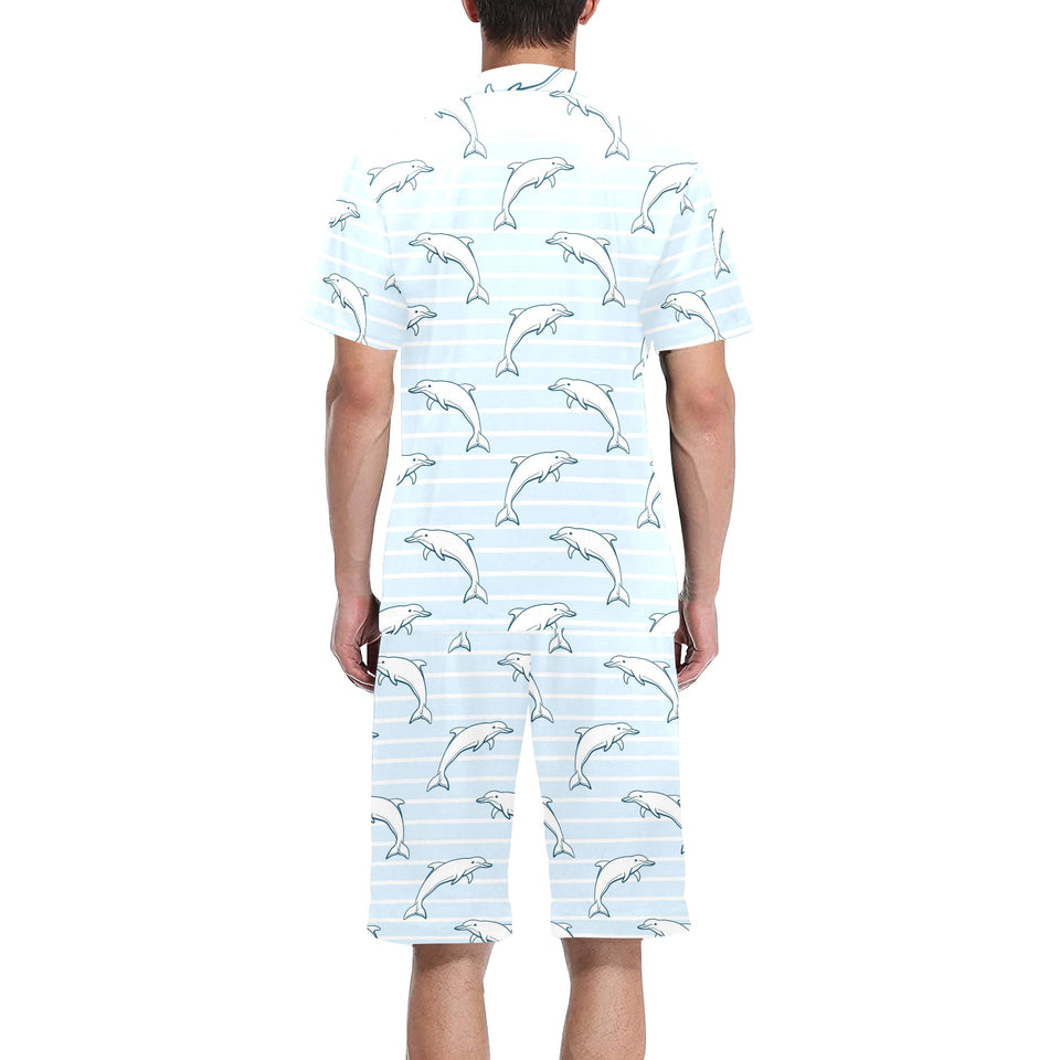 Dolphin blue striped background Men's V-Neck Short Pajama Set
