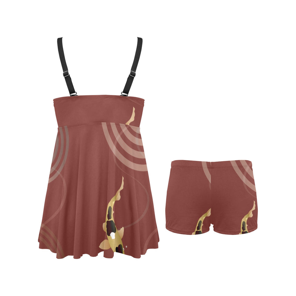 Koi Fish Carp Fish red background Chest Sexy Pleated Two Piece Swim Dress