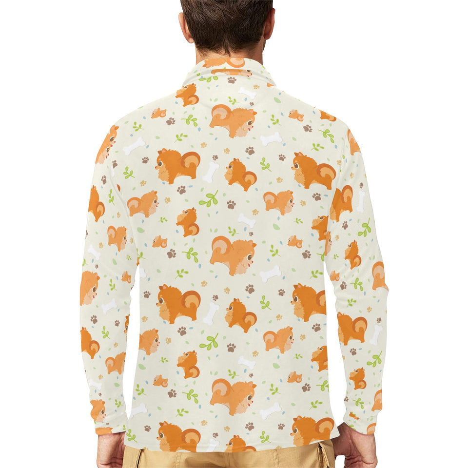 Cute brown pomeranian paw leave bone pattern Men's Long Sleeve Polo Shirt
