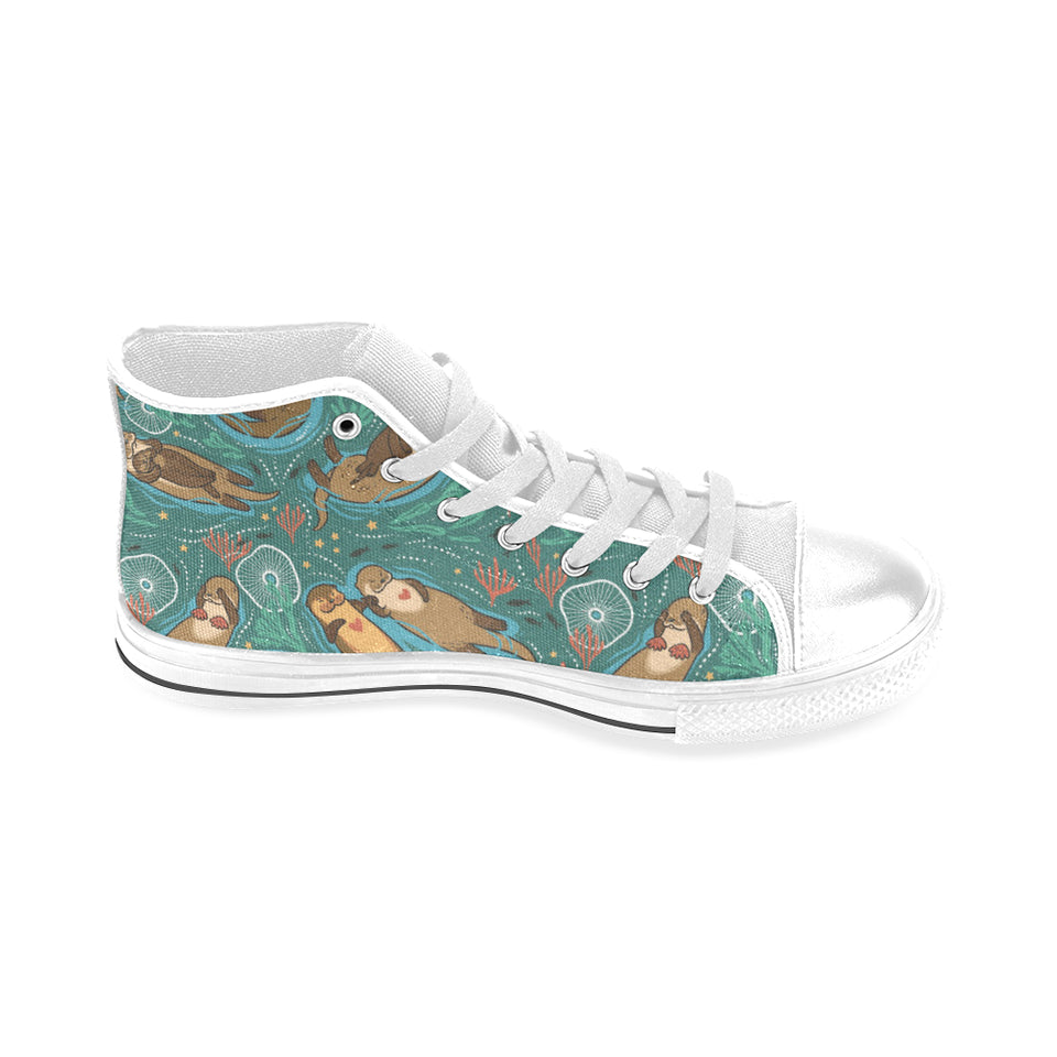 cute brown sea otters ornamental seaweed corals gr Men's High Top Canvas Shoes White
