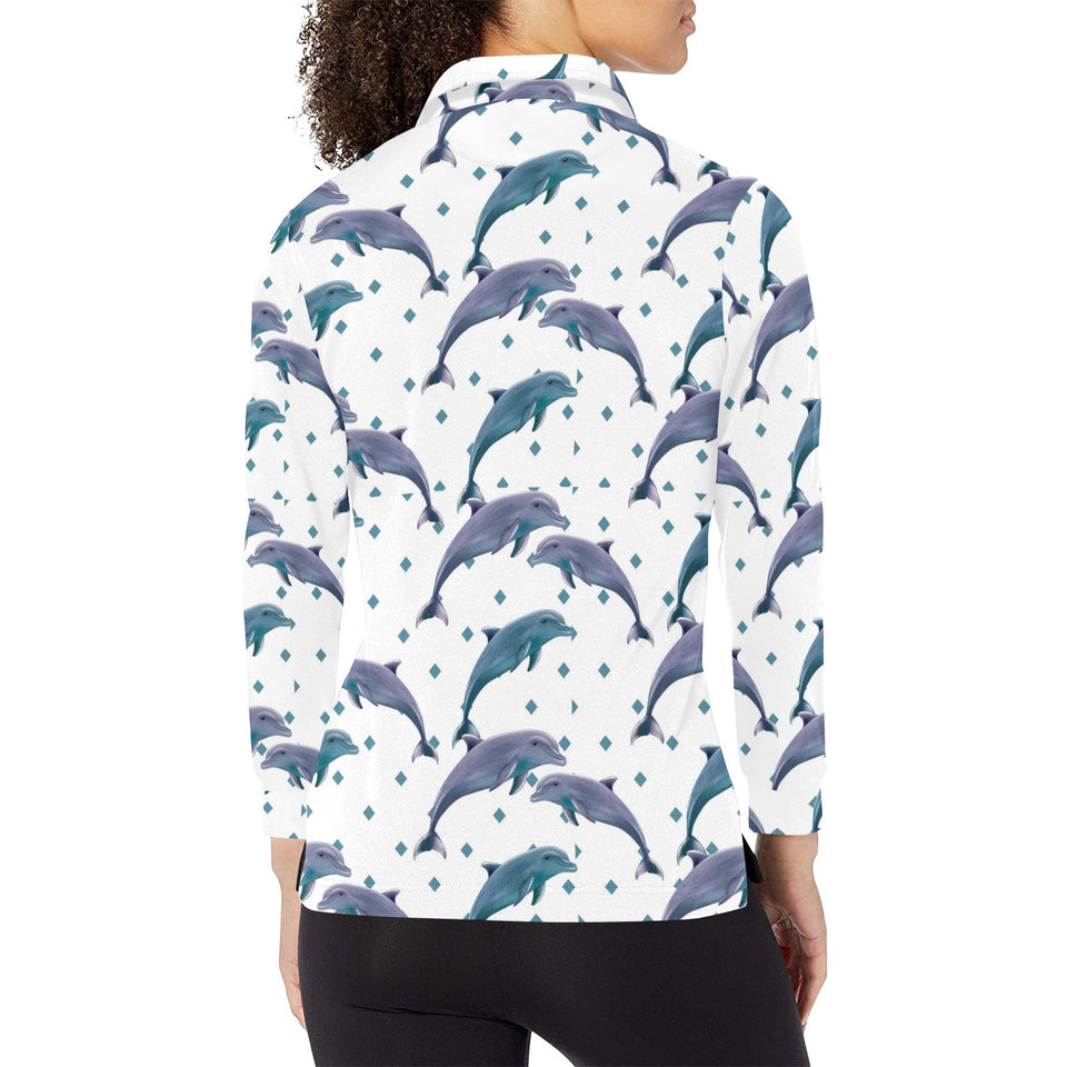 Dolphins pattern dotted background Women's Long Sleeve Polo Shirt