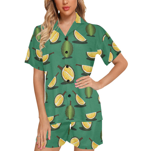Durian pattern green background Women's V-Neck Short Pajama Set