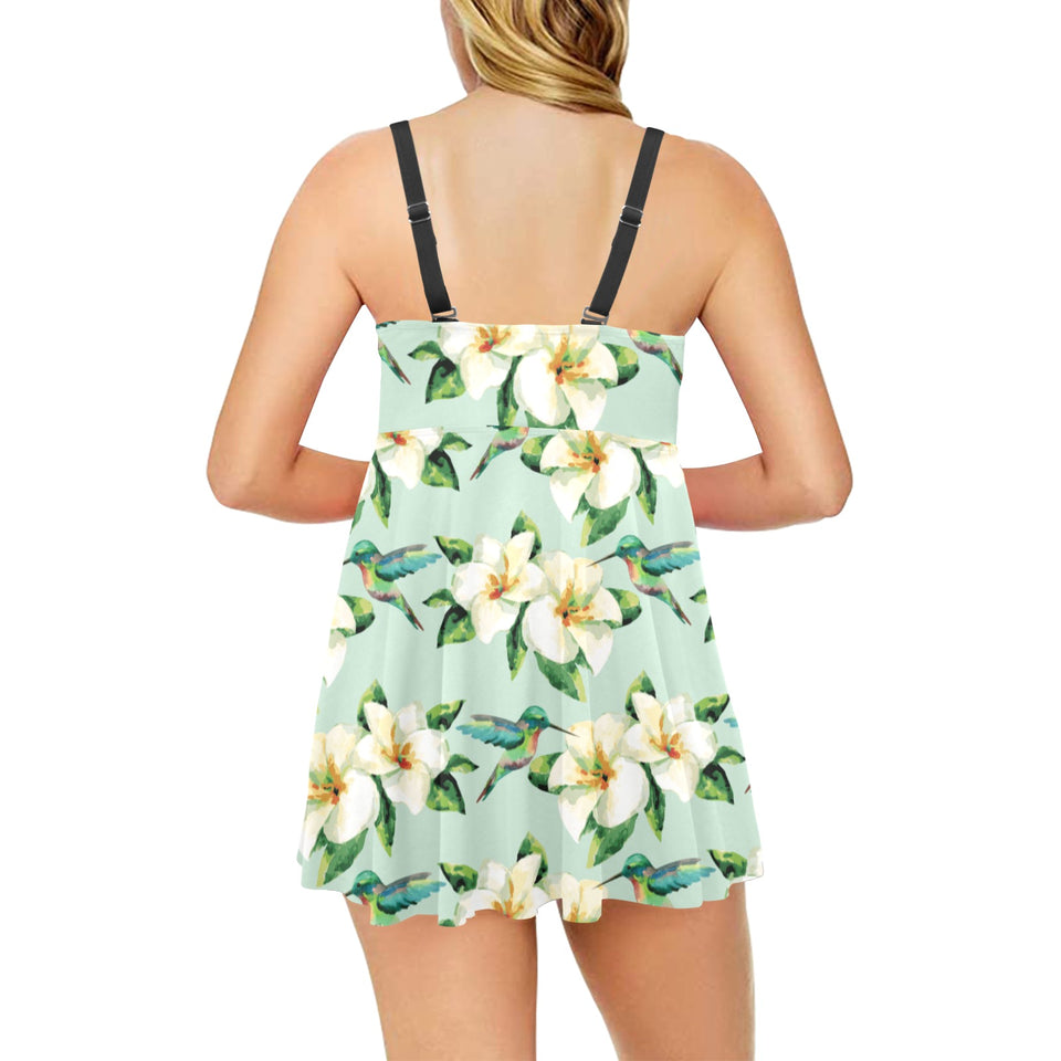 Hummingbird Pattern Print Design 01 Chest Sexy Pleated Two Piece Swim Dress