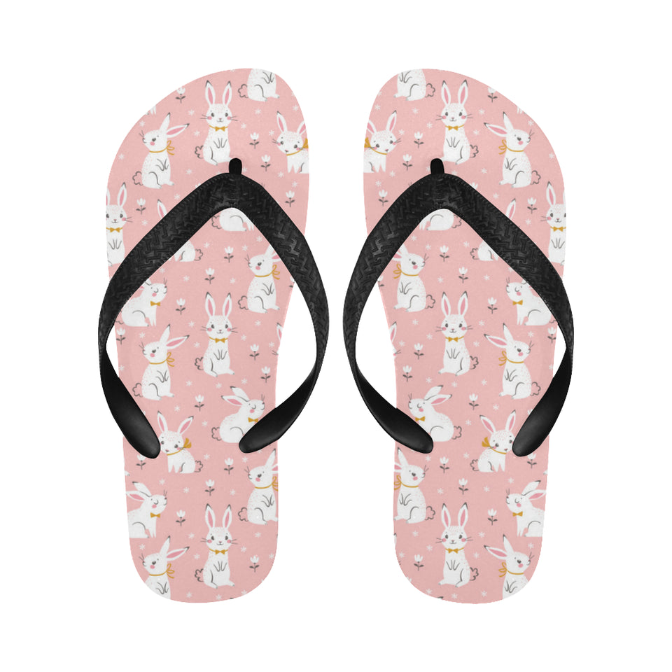 Cute white rabbit flower pink background Unisex Flip Flops