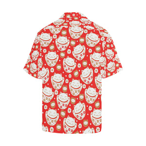 Cute Maneki neko cat red background Men's All Over Print Hawaiian Shirt