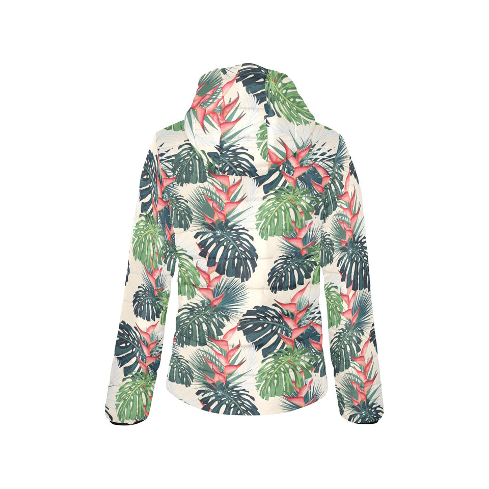 heliconia flowers, palm and monstera leaves Women's Padded Hooded Jacket