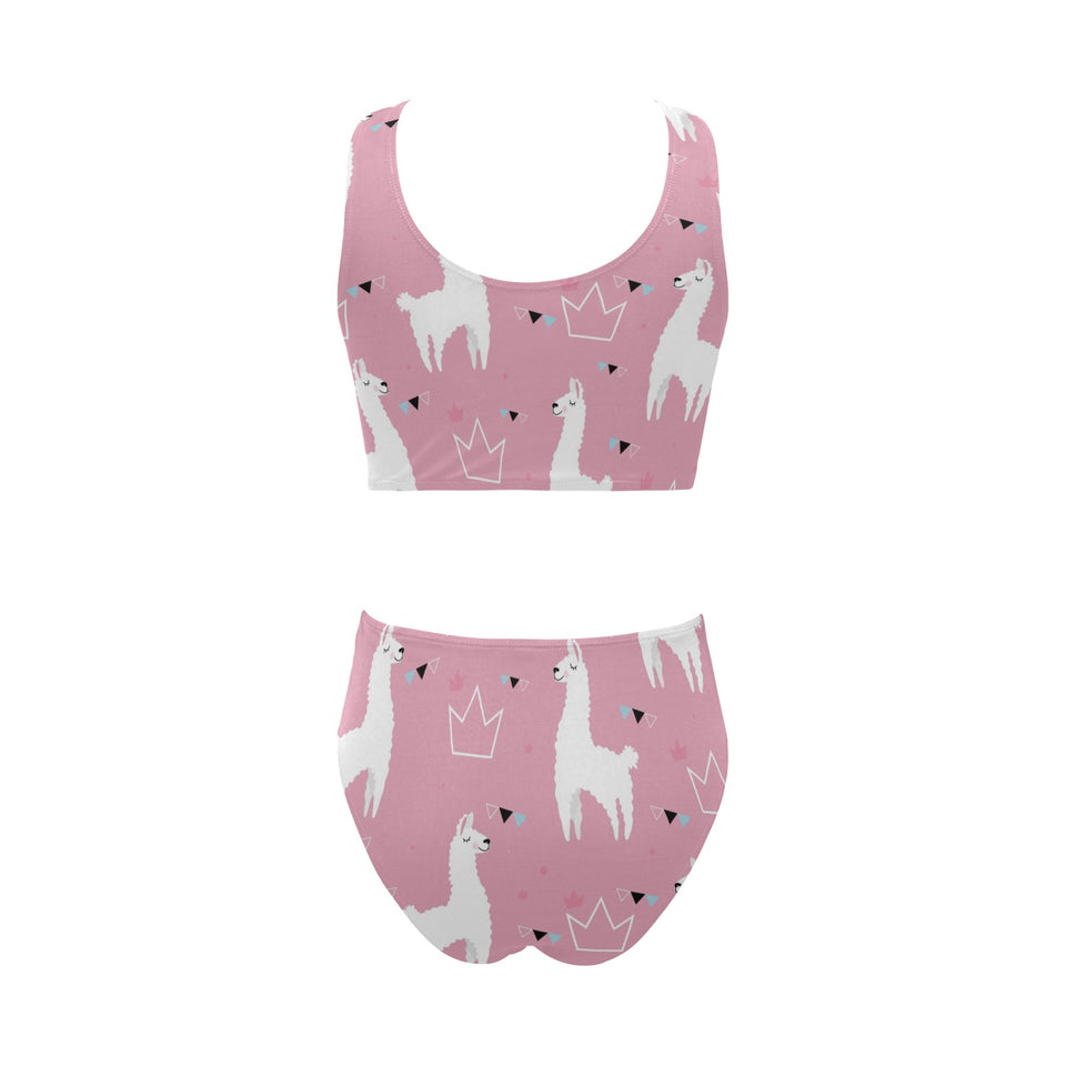 Llama Alpaca pink background Chest Bowknot High Waisted Bikini Swimsuit