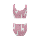 Llama Alpaca pink background Chest Bowknot High Waisted Bikini Swimsuit