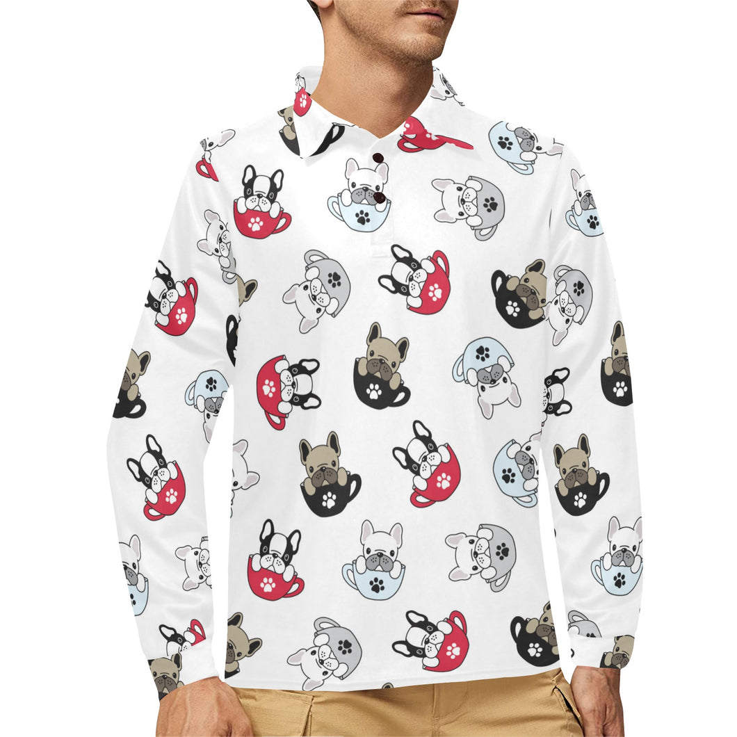 French bulldog cup paw pattern Men's Long Sleeve Polo Shirt