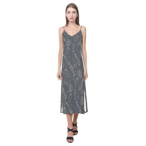 Beer hand drawn pattern V-Neck Open Fork Long Dress