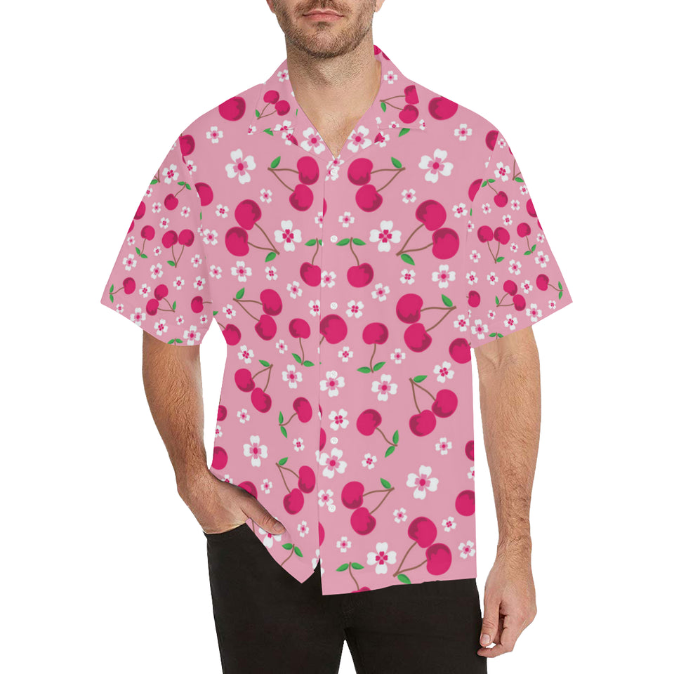 cherry flower pattern pink background Men's All Over Print Hawaiian Shirt