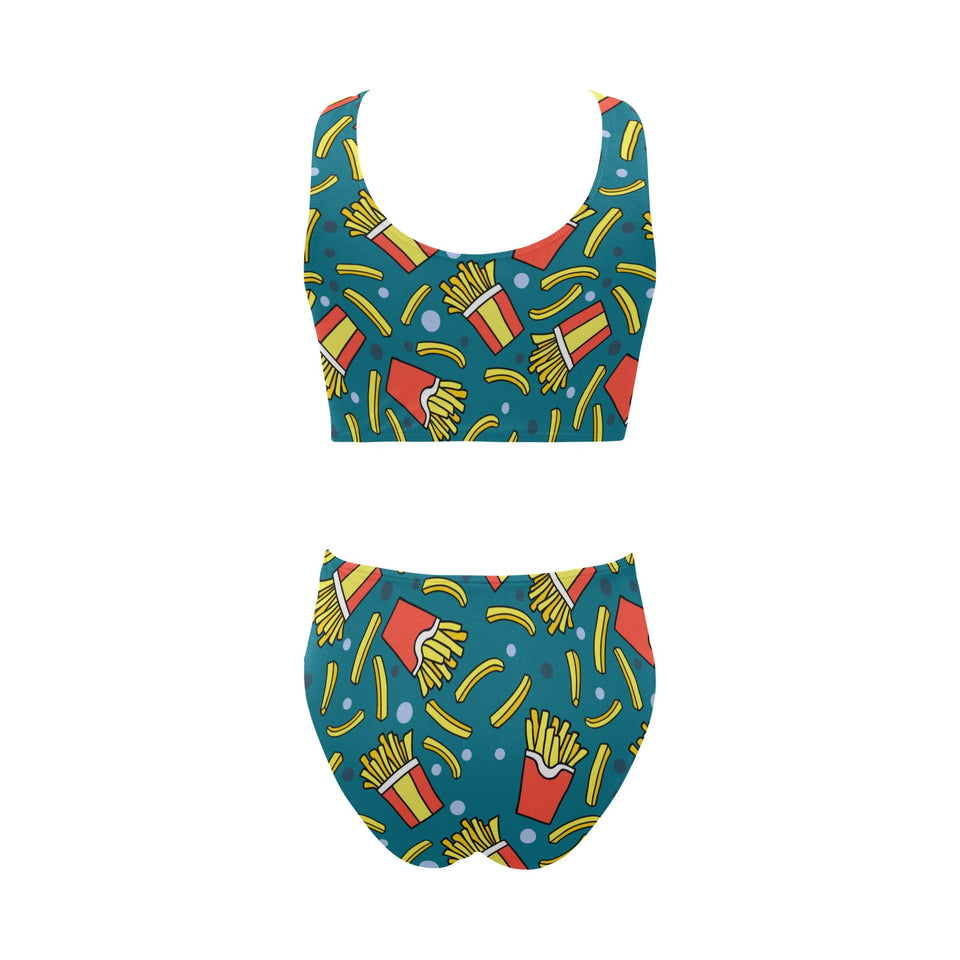 French fries red paper box pattern Chest Bowknot High Waisted Bikini Swimsuit