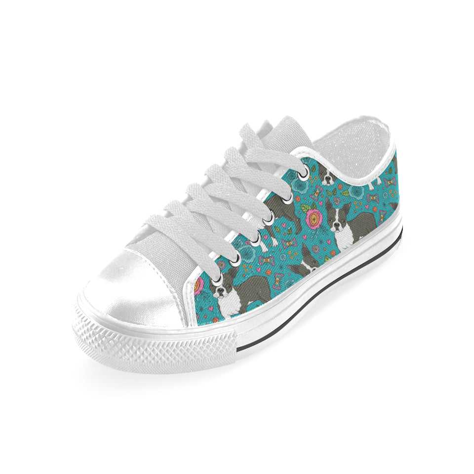 Boston terrier beautiful flower pattern Men's Low Top Shoes White
