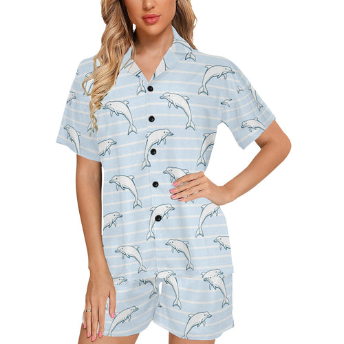 Dolphin blue striped background Women's V-Neck Short Pajama Set