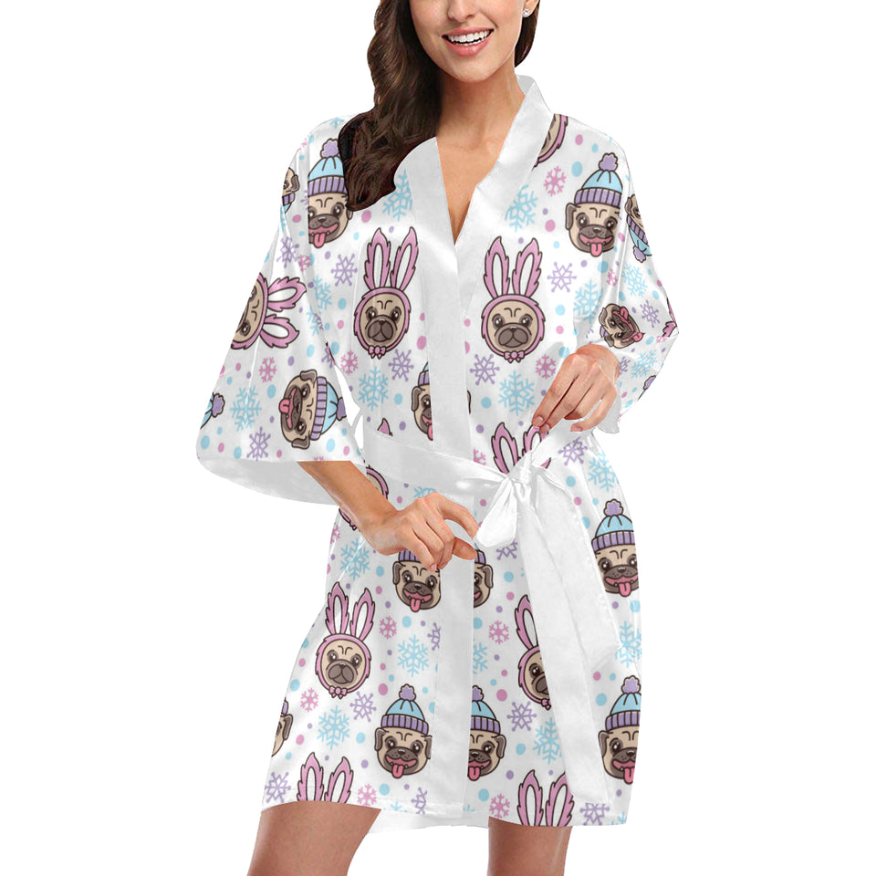 Cute pug hat rabbit costume pattern Women's Short Kimono Robe