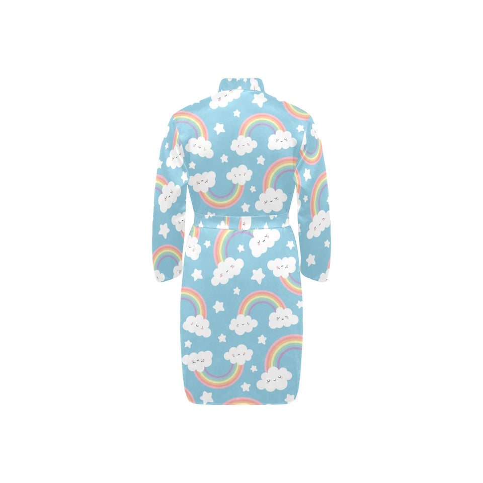 Cute rainbow clound star pattern blue background Men's Long Sleeve Belted Night Robe