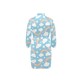 Cute rainbow clound star pattern blue background Men's Long Sleeve Belted Night Robe