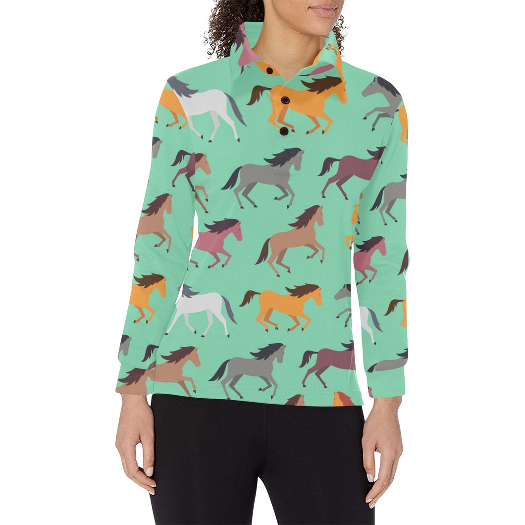 Colorful horses pattern Women's Long Sleeve Polo Shirt