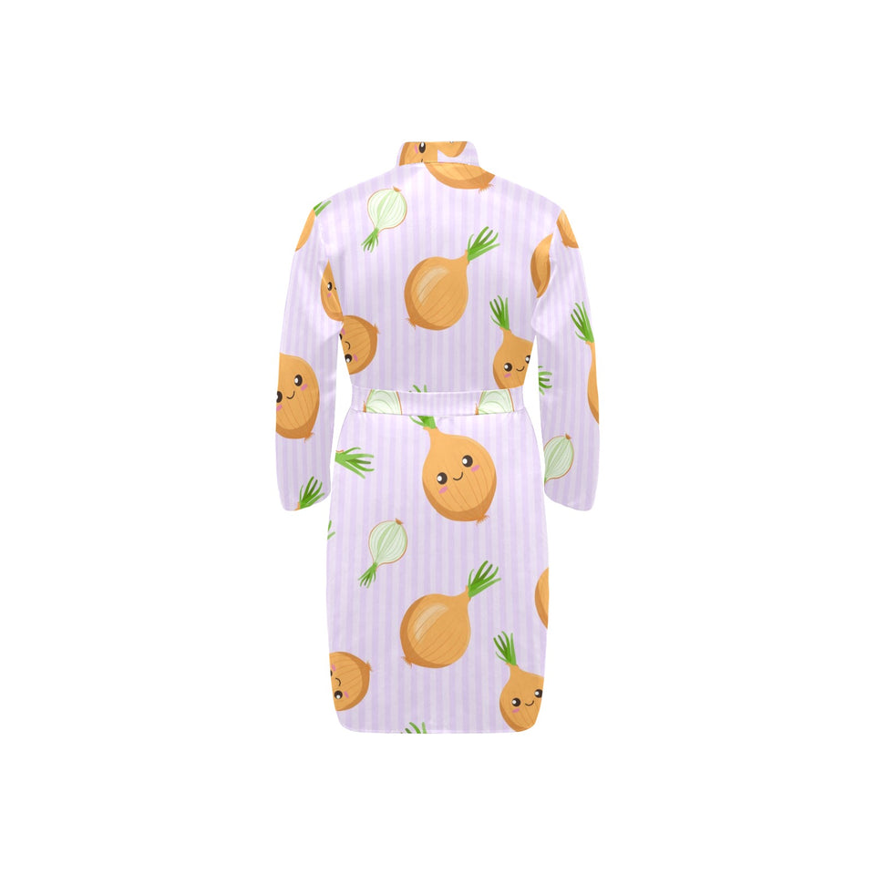 cute onions smiling faces purple background Men's Long Sleeve Belted Night Robe