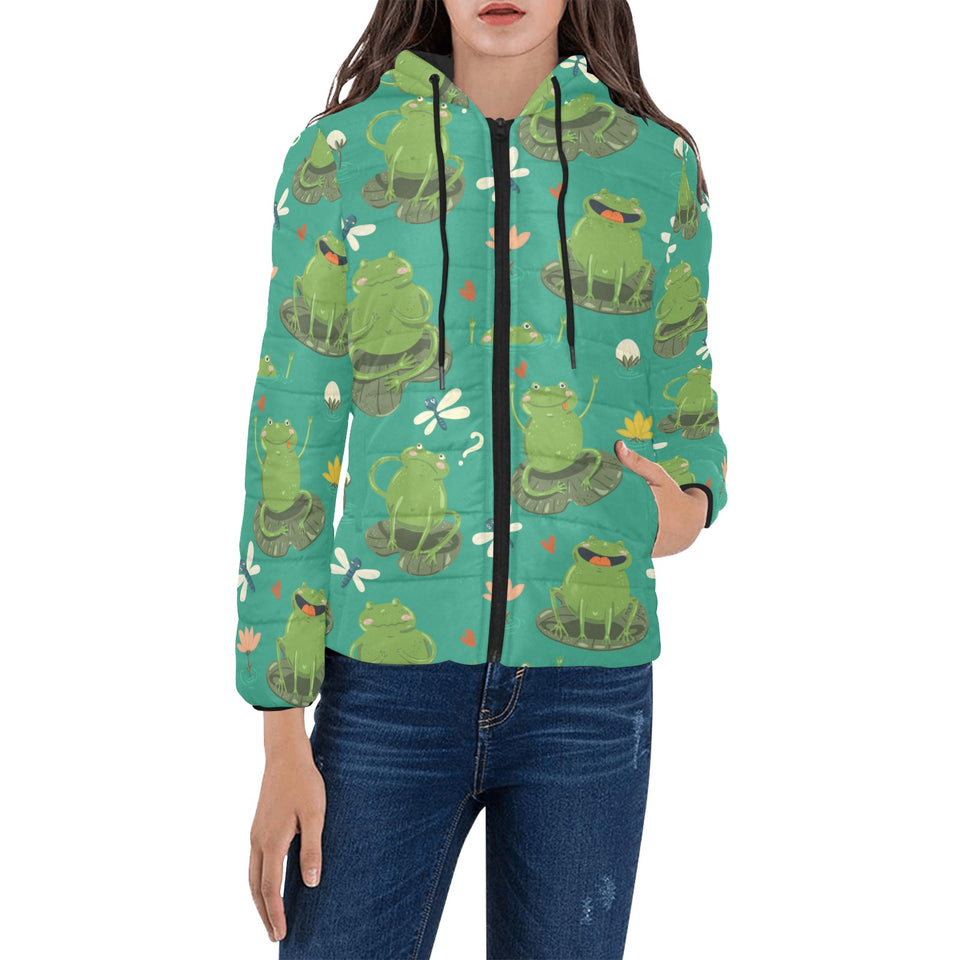 Cute frog dragonfly design pattern Women's Padded Hooded Jacket