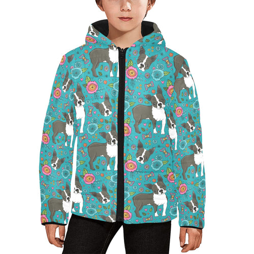 Boston terrier beautiful flower pattern Kids' Boys' Girls' Padded Hooded Jacket