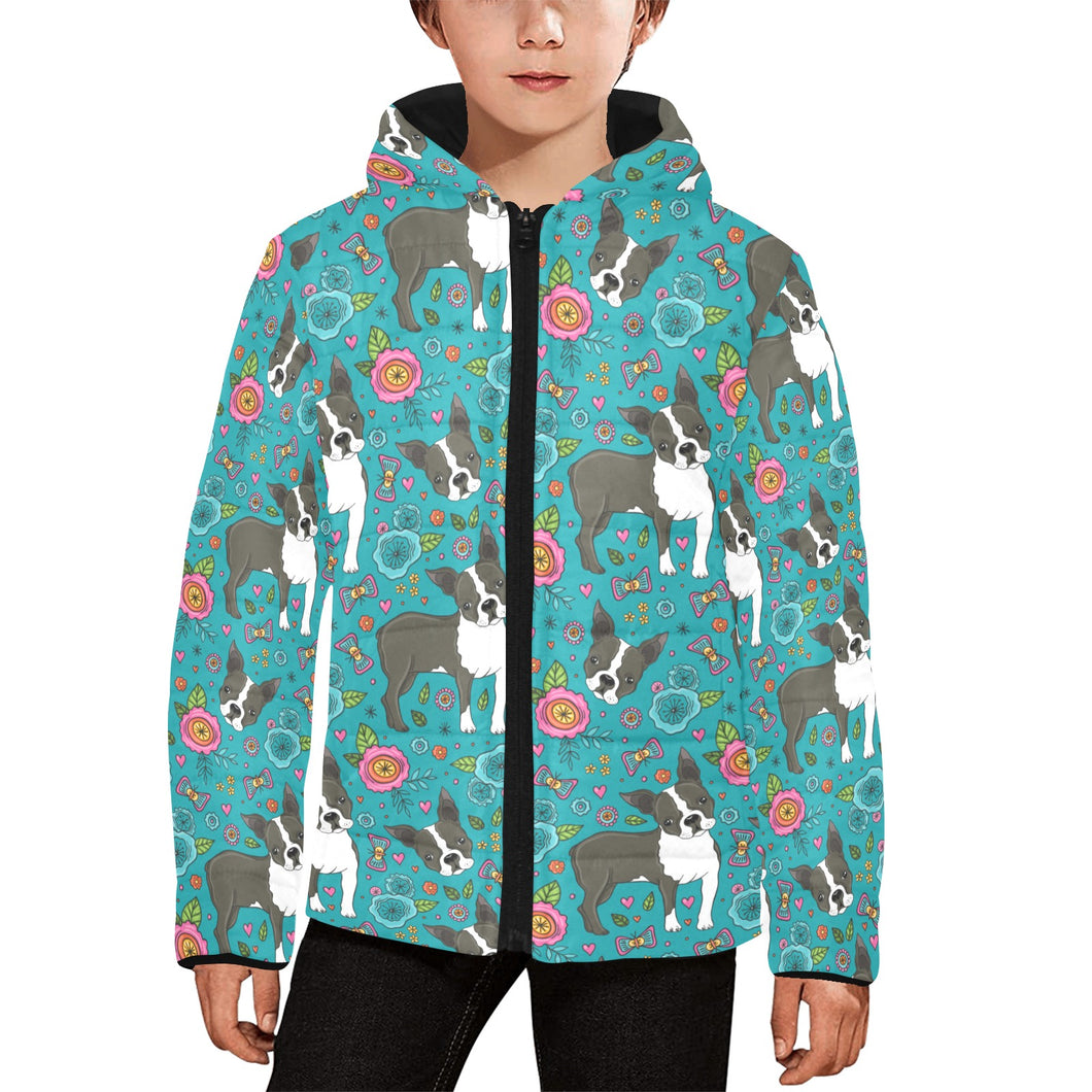 Boston terrier beautiful flower pattern Kids' Boys' Girls' Padded Hooded Jacket