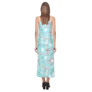 Cute koalas blue background pattern V-Neck Open Fork Long Dress