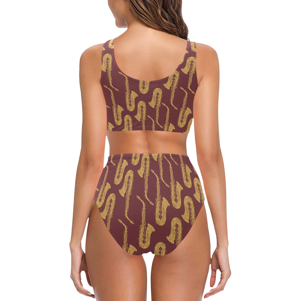 Hand drawn gold saxophone red background Chest Bowknot High Waisted Bikini Swimsuit