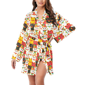 Colorful Maneki neko cat pattern Women's Long Sleeve Belted Night Robe