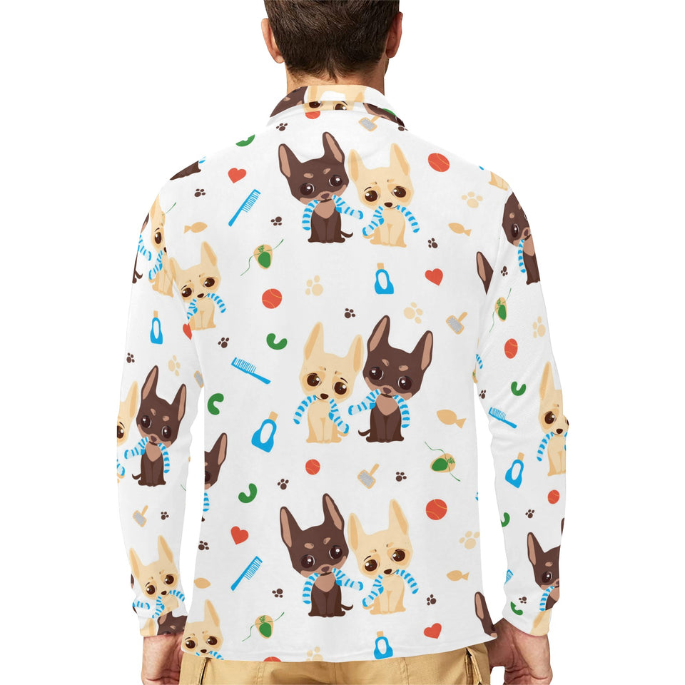 Cute Chihuahua dog pattern Men's Long Sleeve Polo Shirt