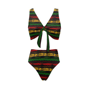 Canabis Marijuana Weed Pattern Print Design 04 Chest Bowknot High Waisted Bikini Swimsuit