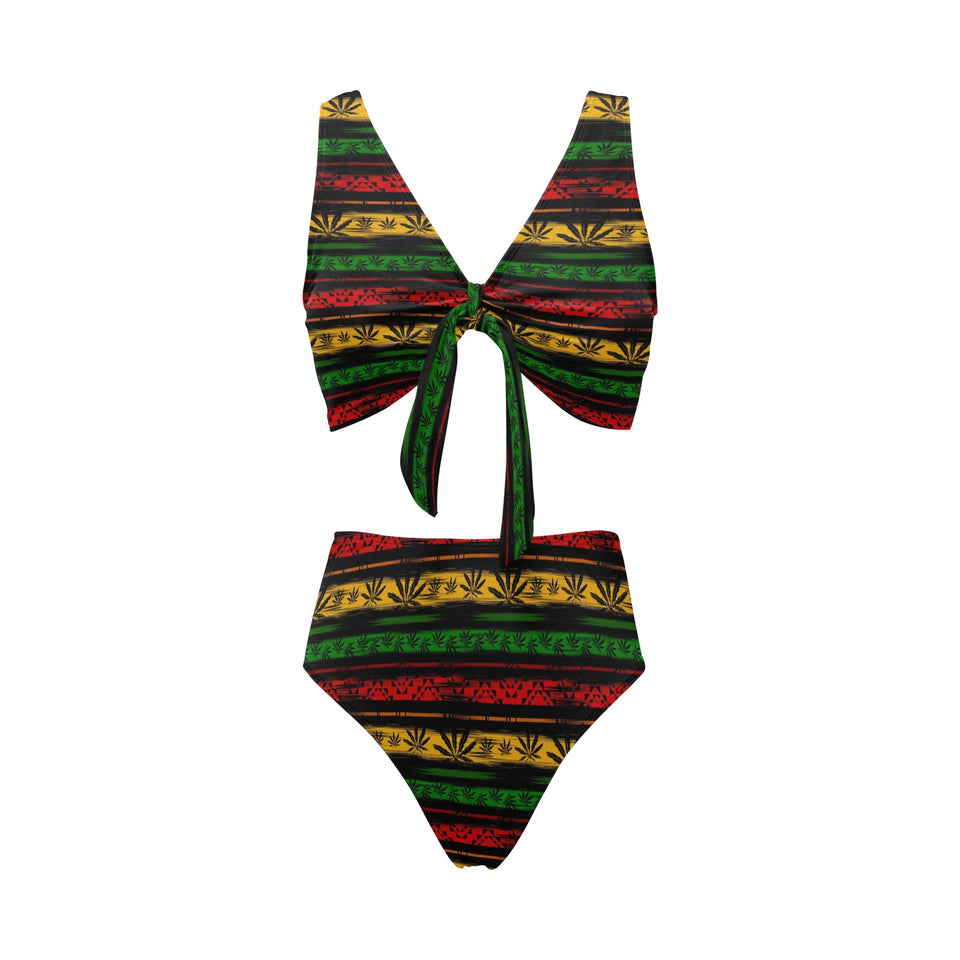 Canabis Marijuana Weed Pattern Print Design 04 Chest Bowknot High Waisted Bikini Swimsuit
