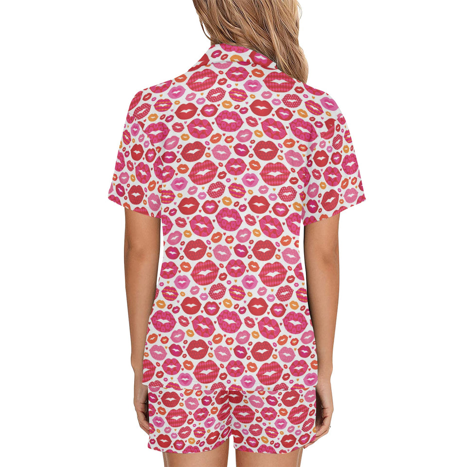 Lips Pattern Print Design 01 Women's V-Neck Short Pajama Set