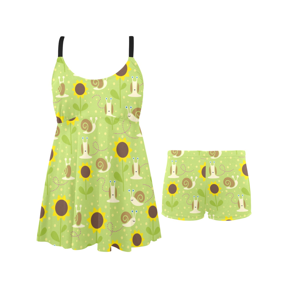 Snail Pattern Print Design 01 Chest Sexy Pleated Two Piece Swim Dress