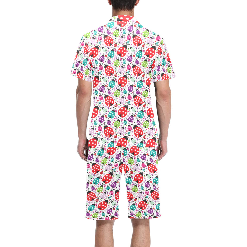 Ladybug Pattern Print Design 03 Men's V-Neck Short Pajama Set