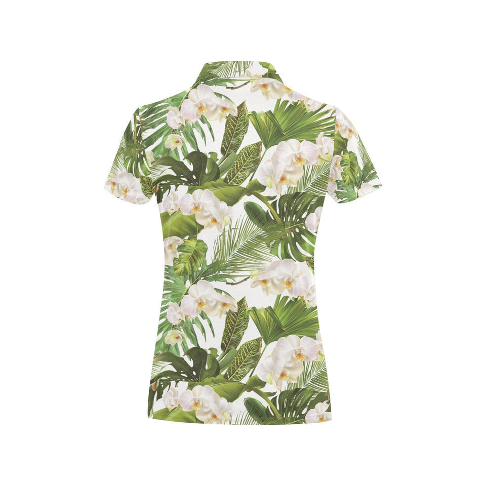 White orchid flower tropical leaves pattern Women's All Over Print Polo Shirt