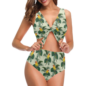 Beautiful parrot palm leaves pattern Chest Bowknot High Waisted Bikini Swimsuit