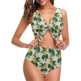 Beautiful parrot palm leaves pattern Chest Bowknot High Waisted Bikini Swimsuit