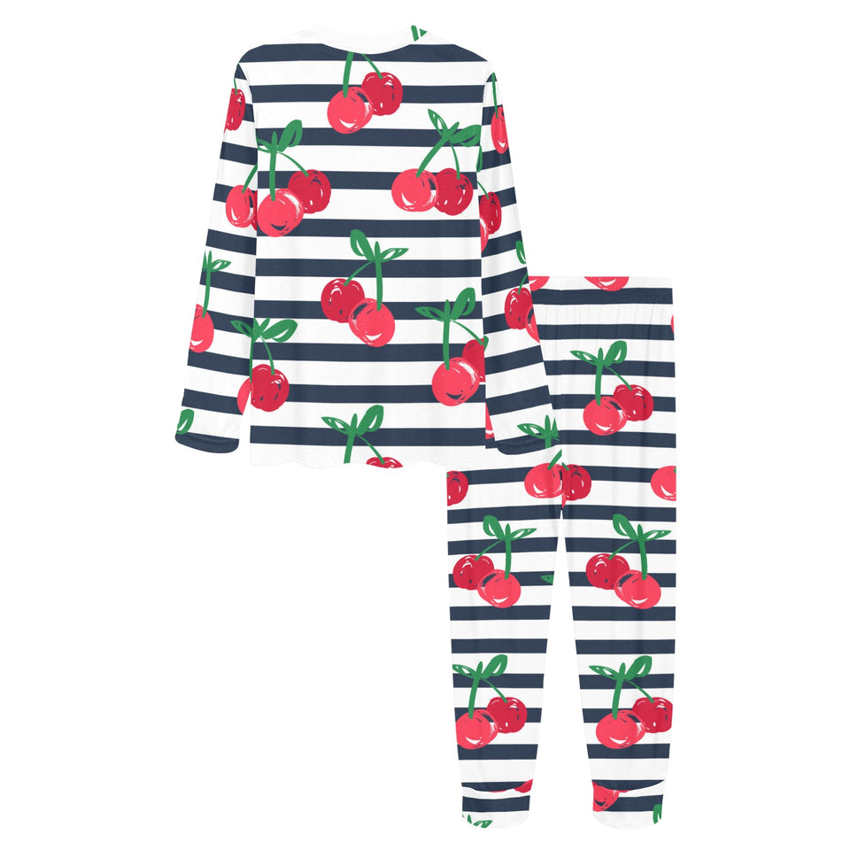 Hand drawn cherry pattern striped background Women's All Over Print Pajama Set